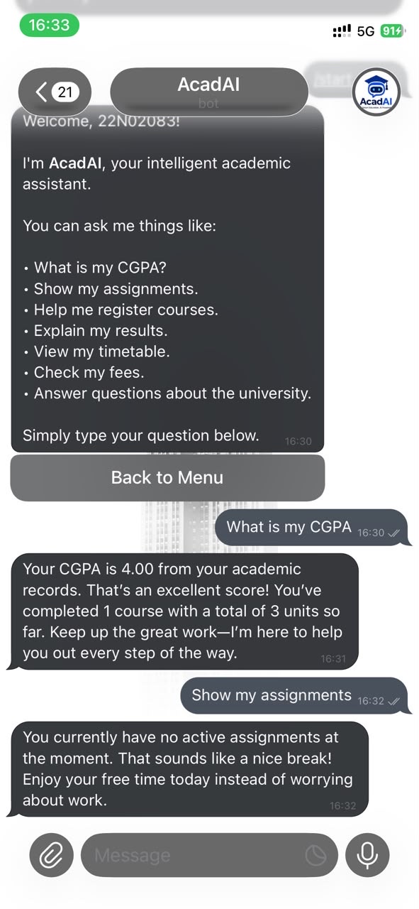AcadAI Telegram bot answering a question about CGPA