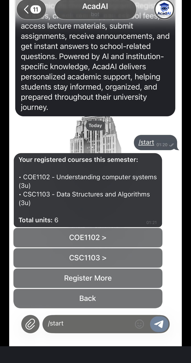 AcadAI Telegram bot showing registered courses