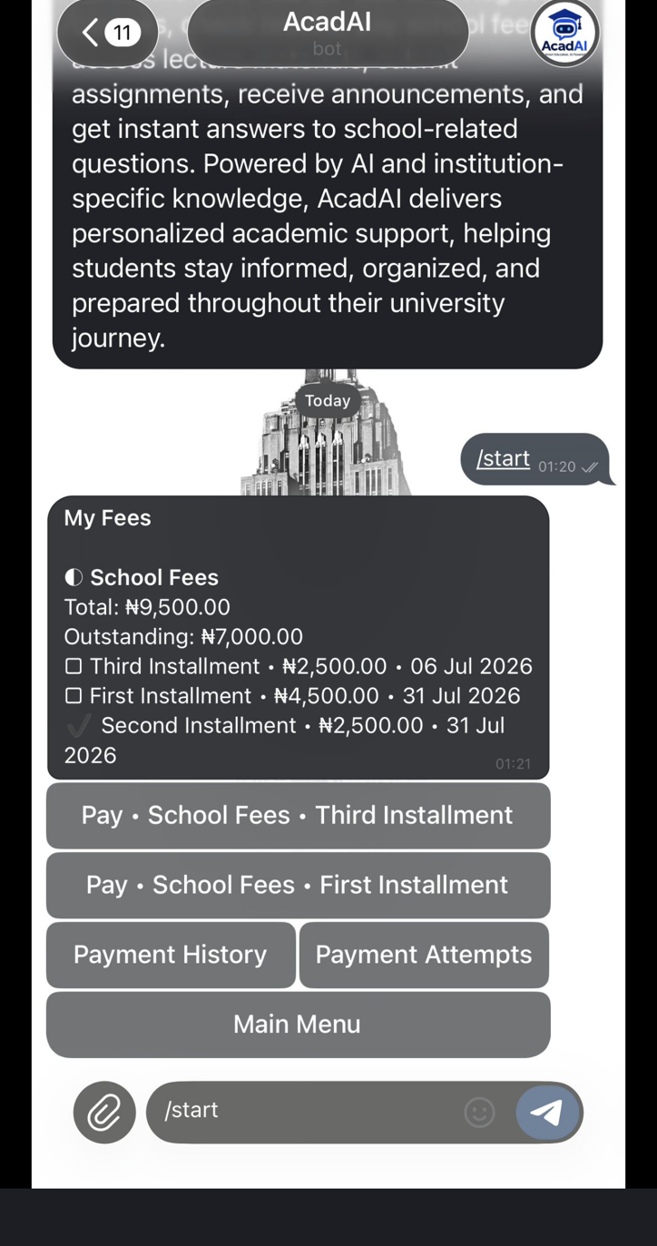 AcadAI Telegram bot showing school fees