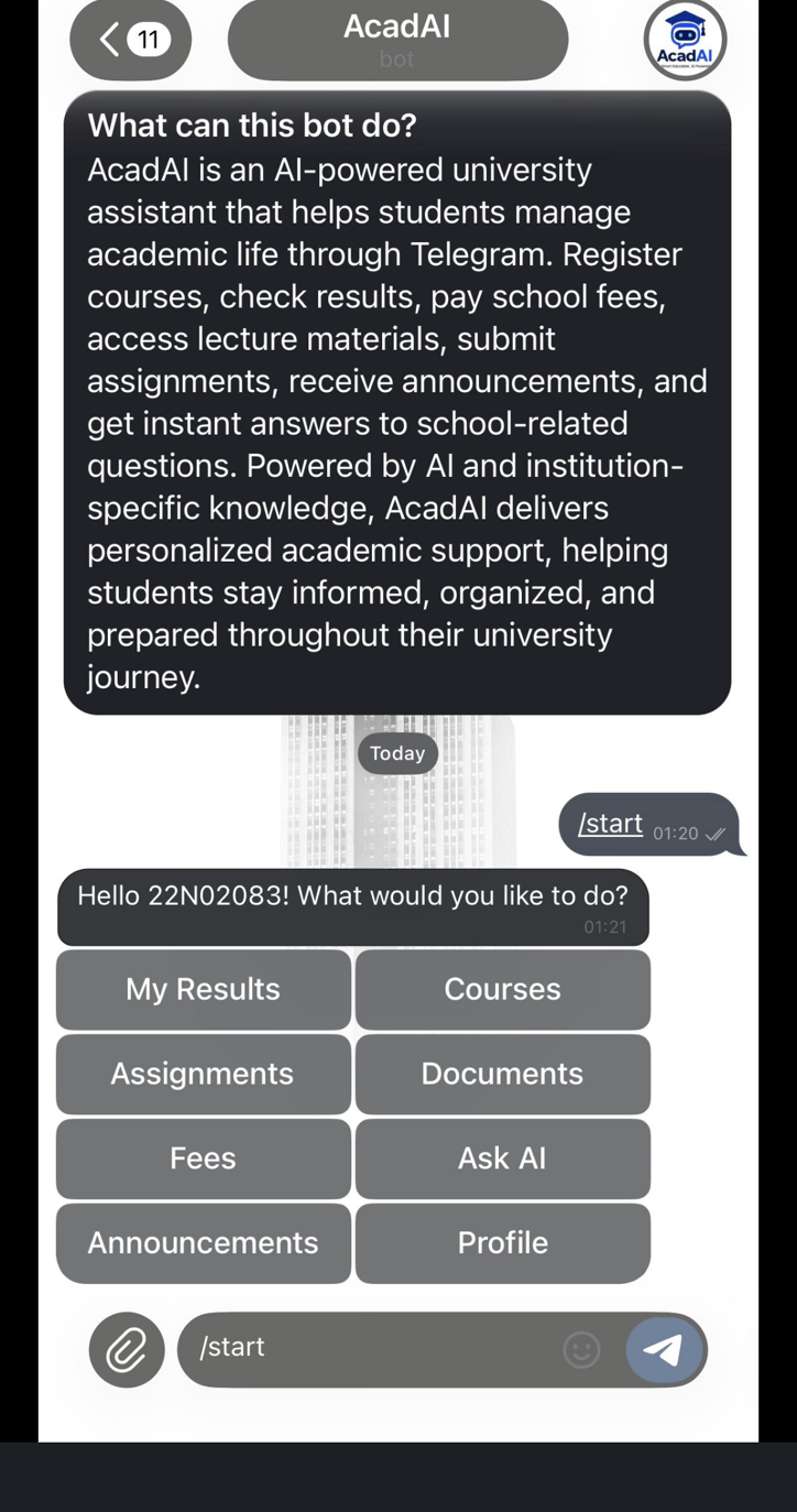 AcadAI Telegram bot main menu